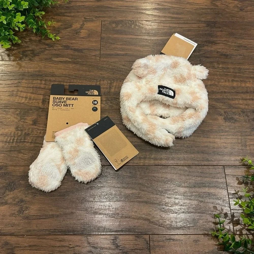 NWT THE NORTH FACE INFANT BABY Bear Suave Oso Mitt and Hat Set Pink Cream 0-6M